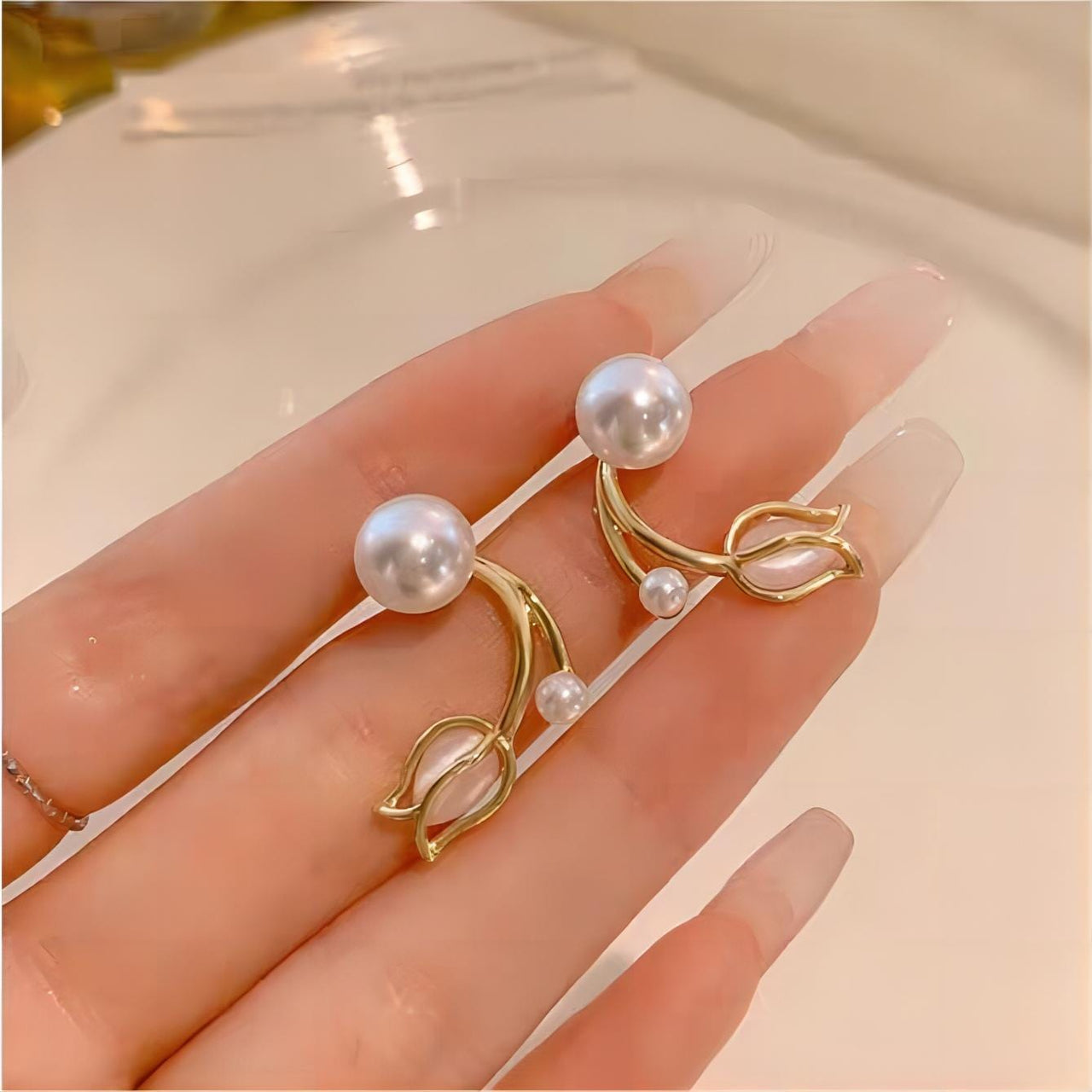 Chic Pearl Charm Opal Tulip Earrings - ArtGalleryZen