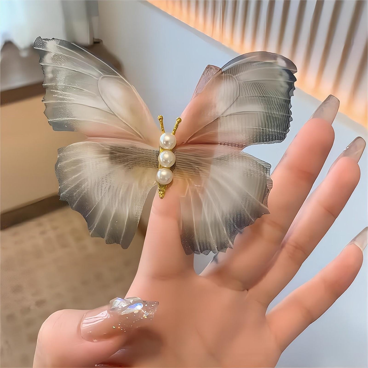 Chic Pearl Charm Sheer Mesh Butterfly Hair Clip - ArtGalleryZen