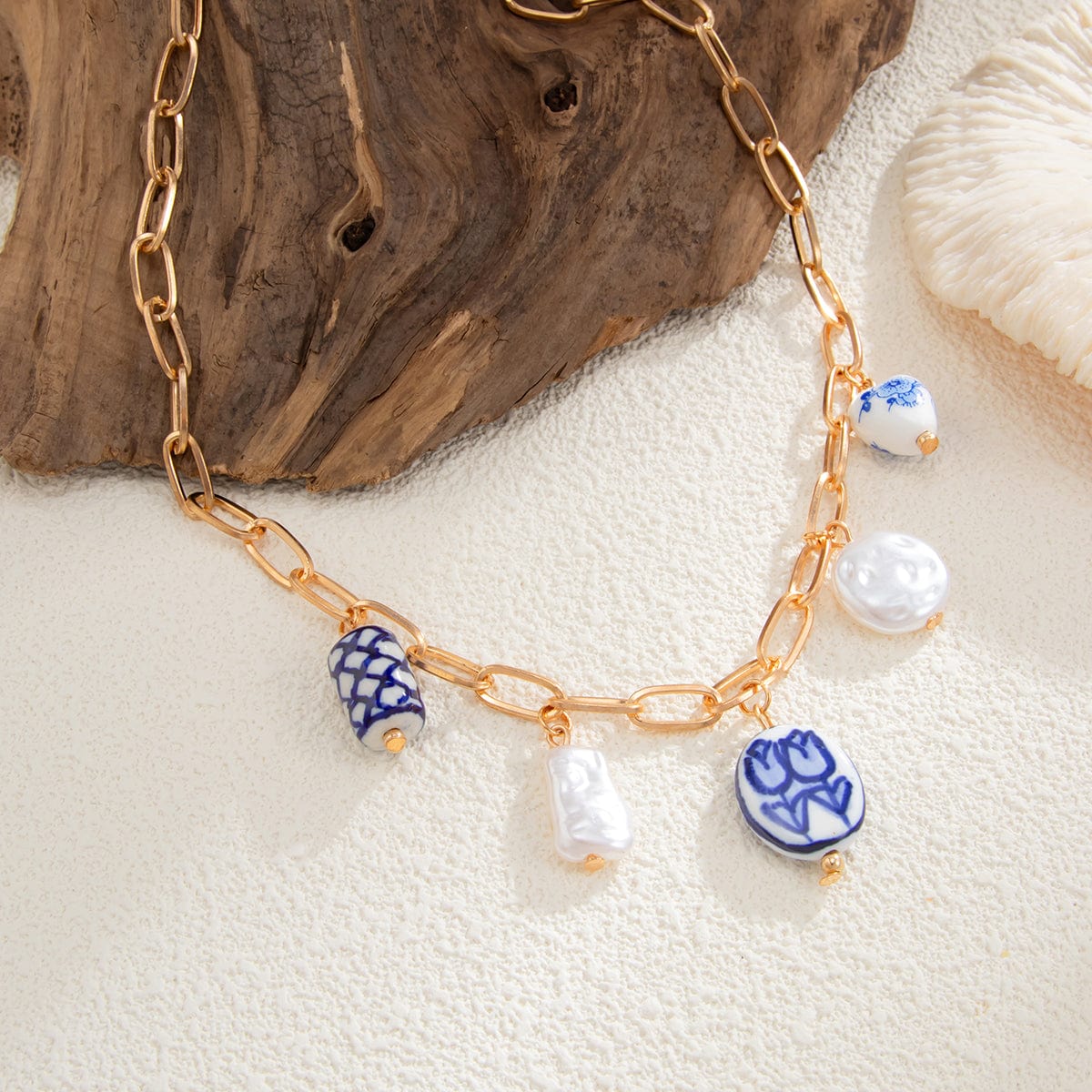 Chic Pearl Floral Heart Ceramics Pendant Cable Chain Necklace - ArtGalleryZen