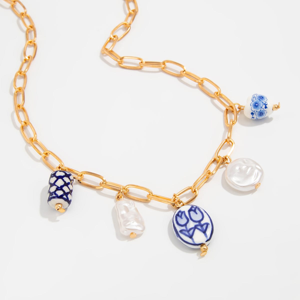 Chic Pearl Floral Heart Ceramics Pendant Cable Chain Necklace - ArtGalleryZen