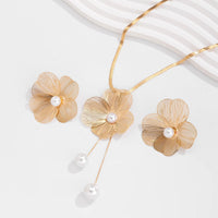 Thumbnail for Chic Pearl Flower Pendant Herringbone Chain Necklace Earrings Set - ArtGalleryZen