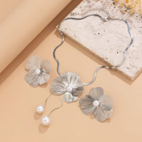 Thumbnail for Chic Pearl Flower Pendant Herringbone Chain Necklace Earrings Set - ArtGalleryZen