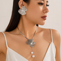Thumbnail for Chic Pearl Flower Pendant Herringbone Chain Necklace Earrings Set - ArtGalleryZen