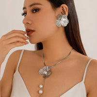 Thumbnail for Chic Pearl Flower Pendant Herringbone Chain Necklace Earrings Set - ArtGalleryZen
