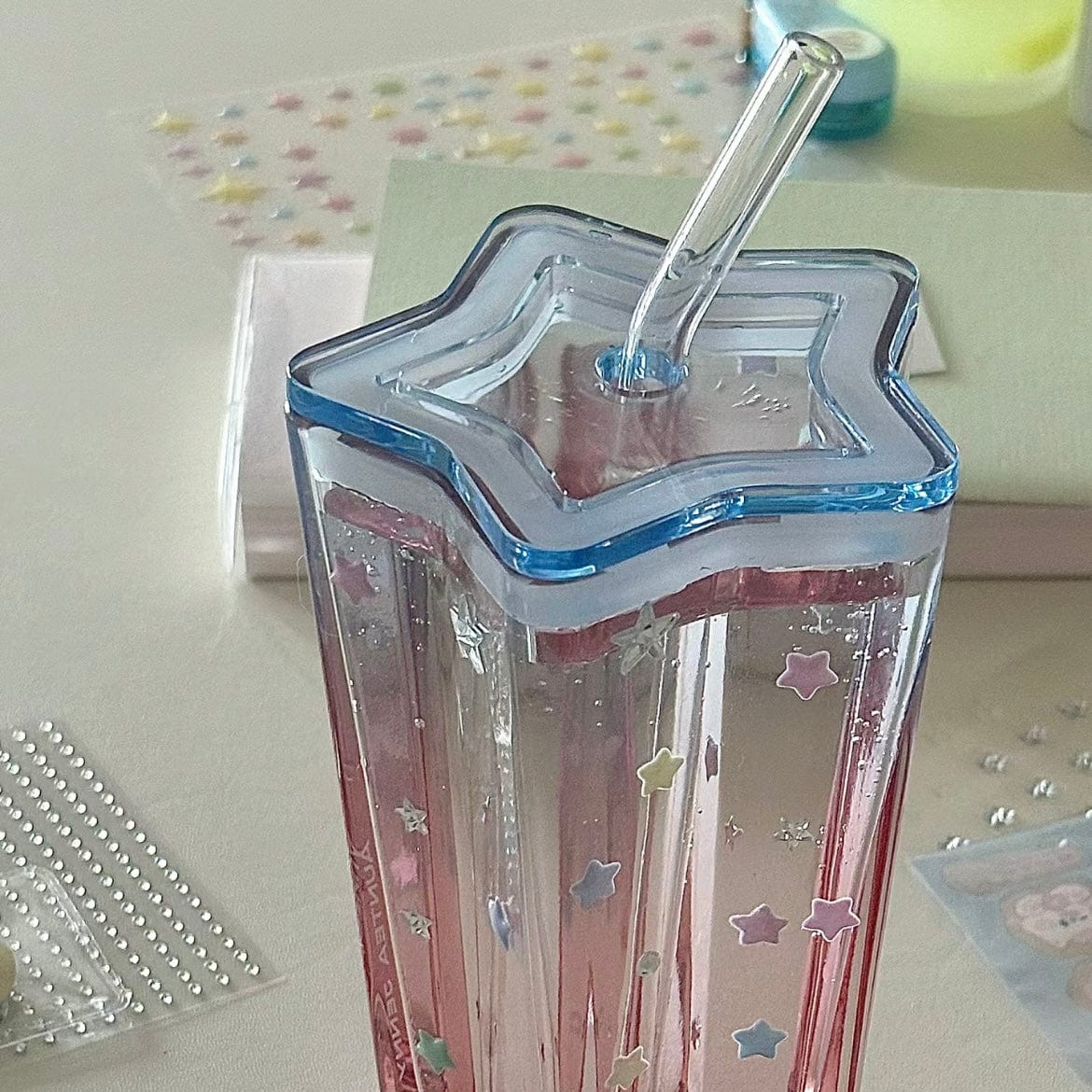 Chic Pink Blue Gradient Lucky Star Crystal Cup - ArtGalleryZen