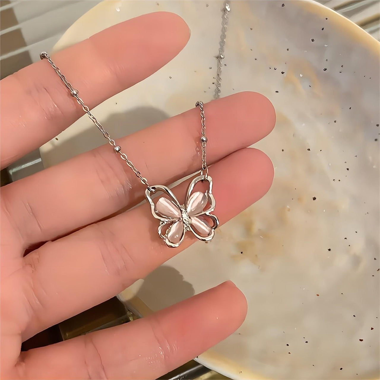 Chic Pink Cats Eye Stone Butterfly Necklace - ArtGalleryZen