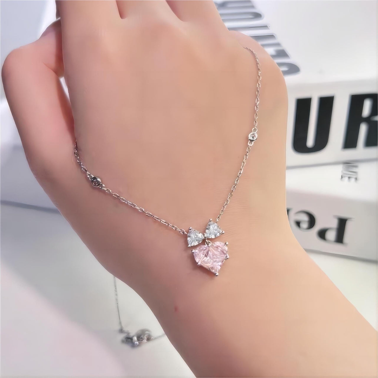 Chic Pink Crystal Bowknot Heart Necklace - ArtGalleryZen
