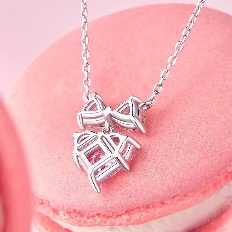Chic Pink Crystal Bowknot Heart Necklace - ArtGalleryZen