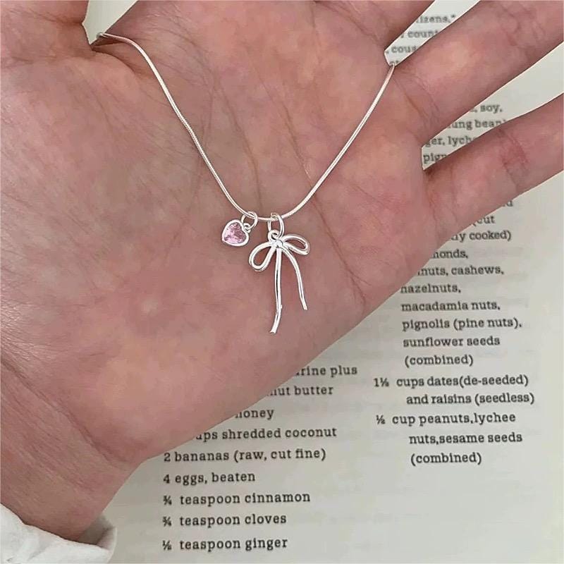 Chic Pink Crystal Heart Bowknot Pendant Necklace - ArtGalleryZen