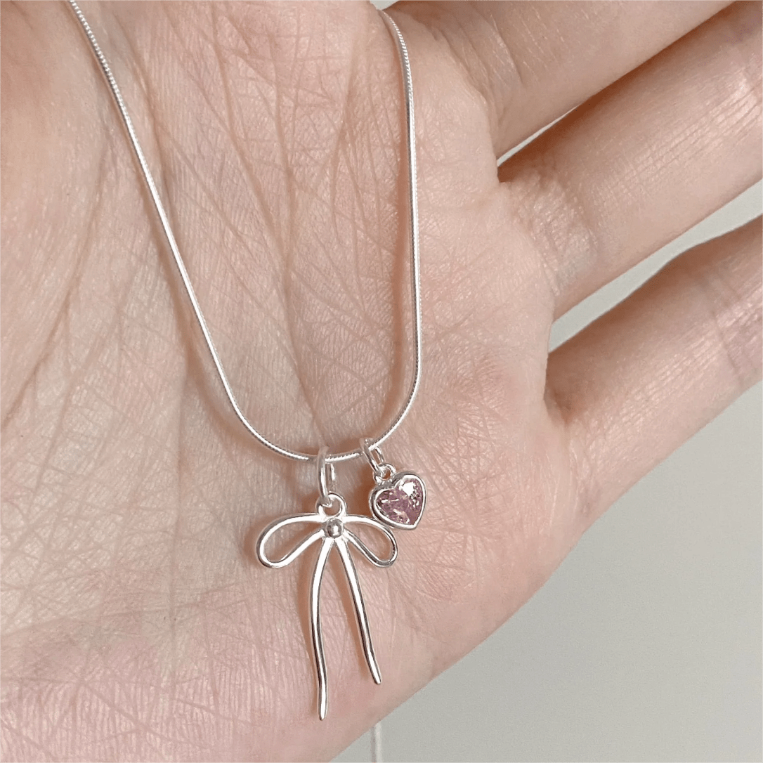 Chic Pink Crystal Heart Bowknot Pendant Necklace - ArtGalleryZen