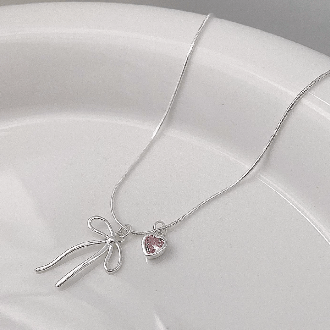 Chic Pink Crystal Heart Bowknot Pendant Necklace - ArtGalleryZen