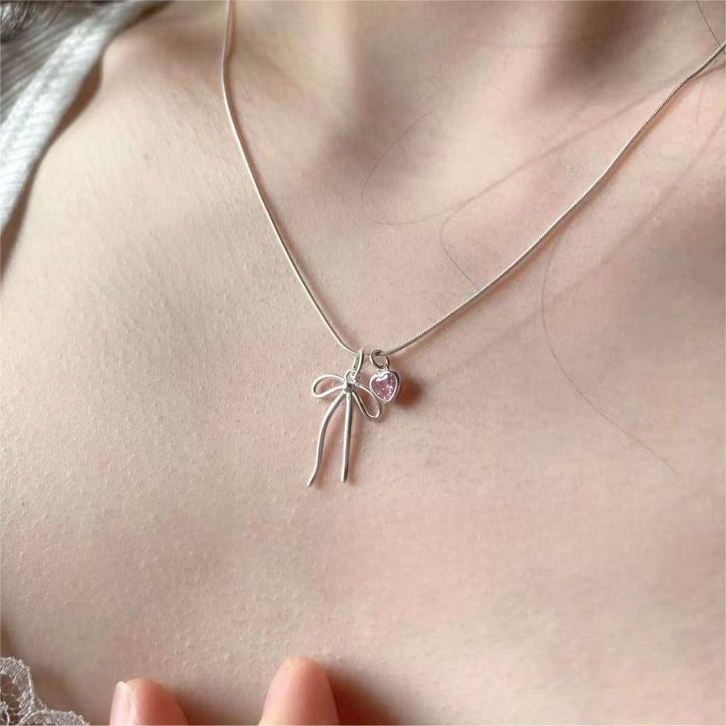 Chic Pink Crystal Heart Bowknot Pendant Necklace - ArtGalleryZen