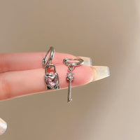 Thumbnail for Chic Pink Crystal Heart Dangling Key Lock Huggie Hoop Earrings - ArtGalleryZen