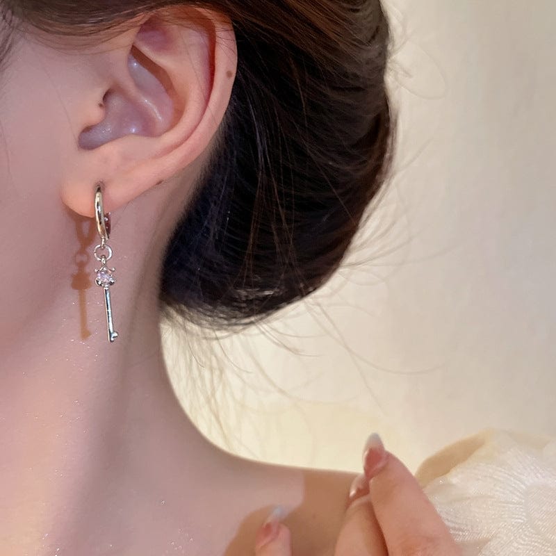 Chic Pink Crystal Heart Dangling Key Lock Huggie Hoop Earrings - ArtGalleryZen