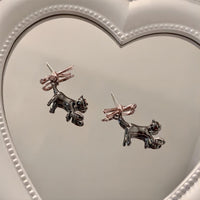 Thumbnail for Chic Pink Crystal Heart Dangling Ribbon Cat Earrings - ArtGalleryZen
