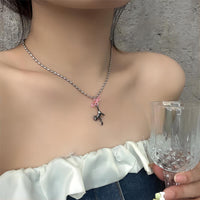 Thumbnail for Chic Pink Crystal Heart Ribbon Cat Pendant Necklace - ArtGalleryZen