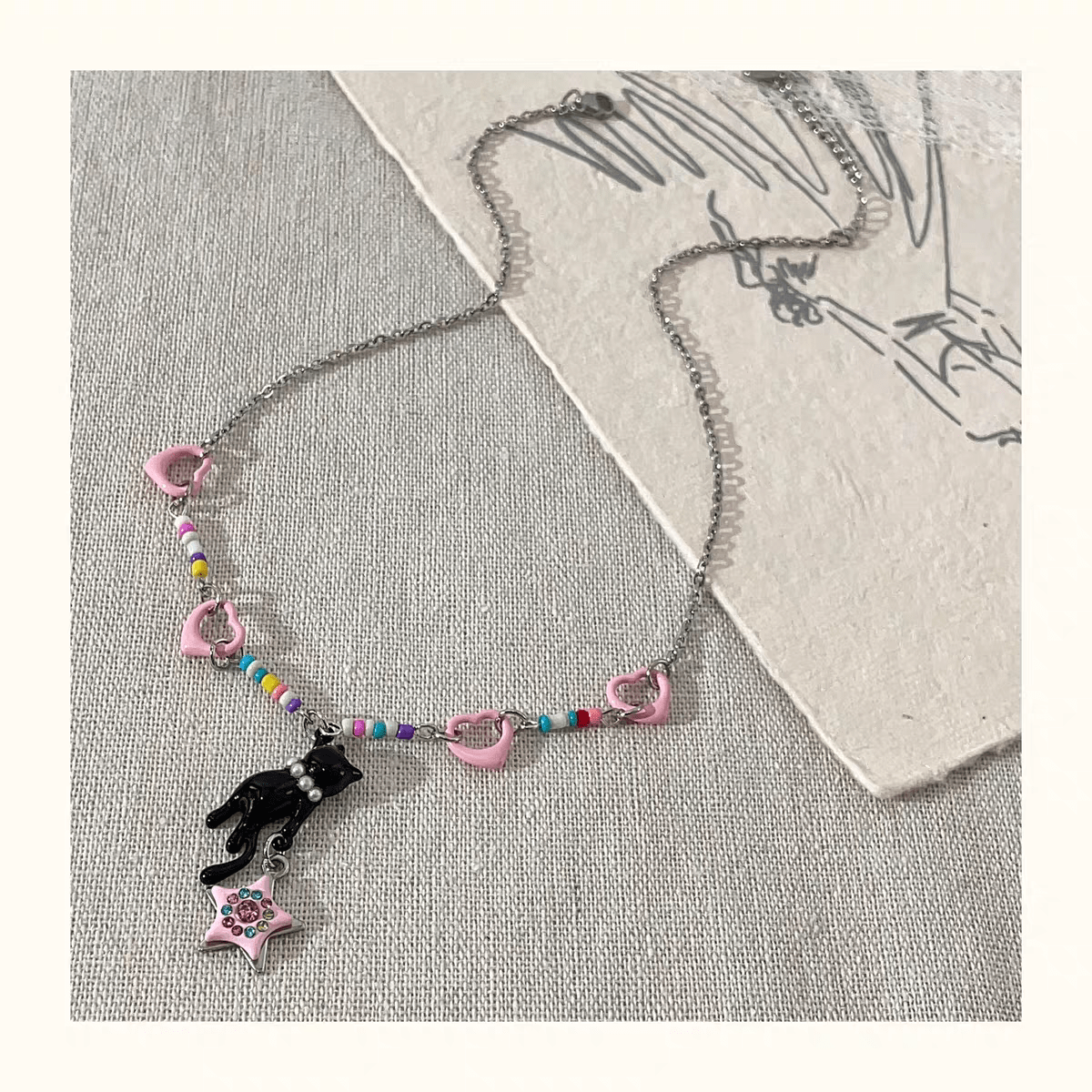 Chic Pink Heart Star Kitty Pendant Necklace - ArtGalleryZen