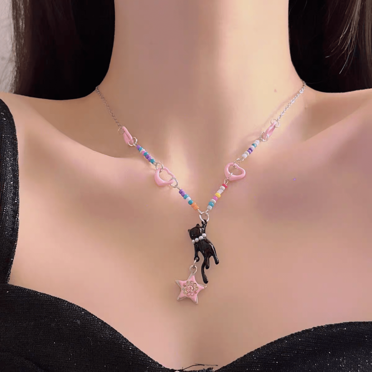 Chic Pink Heart Star Kitty Pendant Necklace - ArtGalleryZen