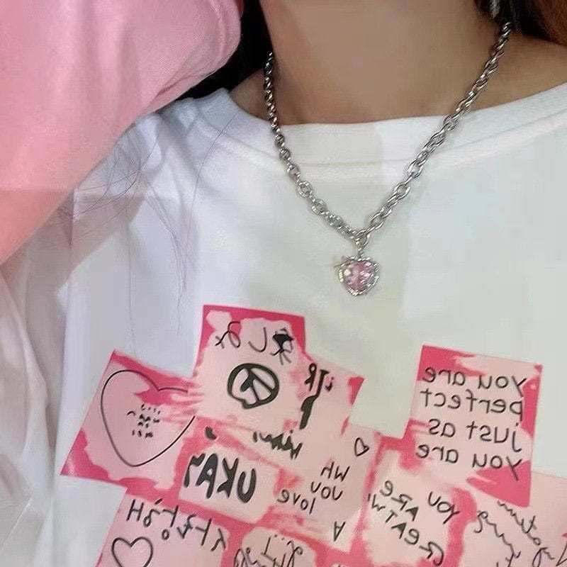 Chic Pink Rhinestone Heart Pendant Cable Chain Necklace - ArtGalleryZen