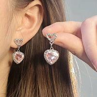 Thumbnail for Chic Pink Rhinestone Heart Pendant Cubic Zirconia Chain Necklace Dangle Earrings Set - ArtGalleryZen