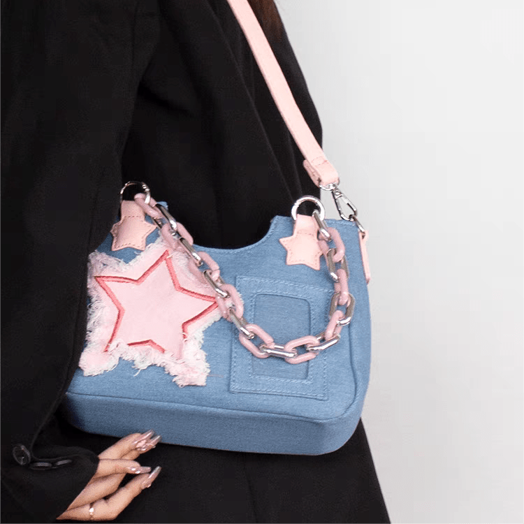 Chic Pink Star Acrylic Chain Denim Shoulder Crossbody Bag - ArtGalleryZen