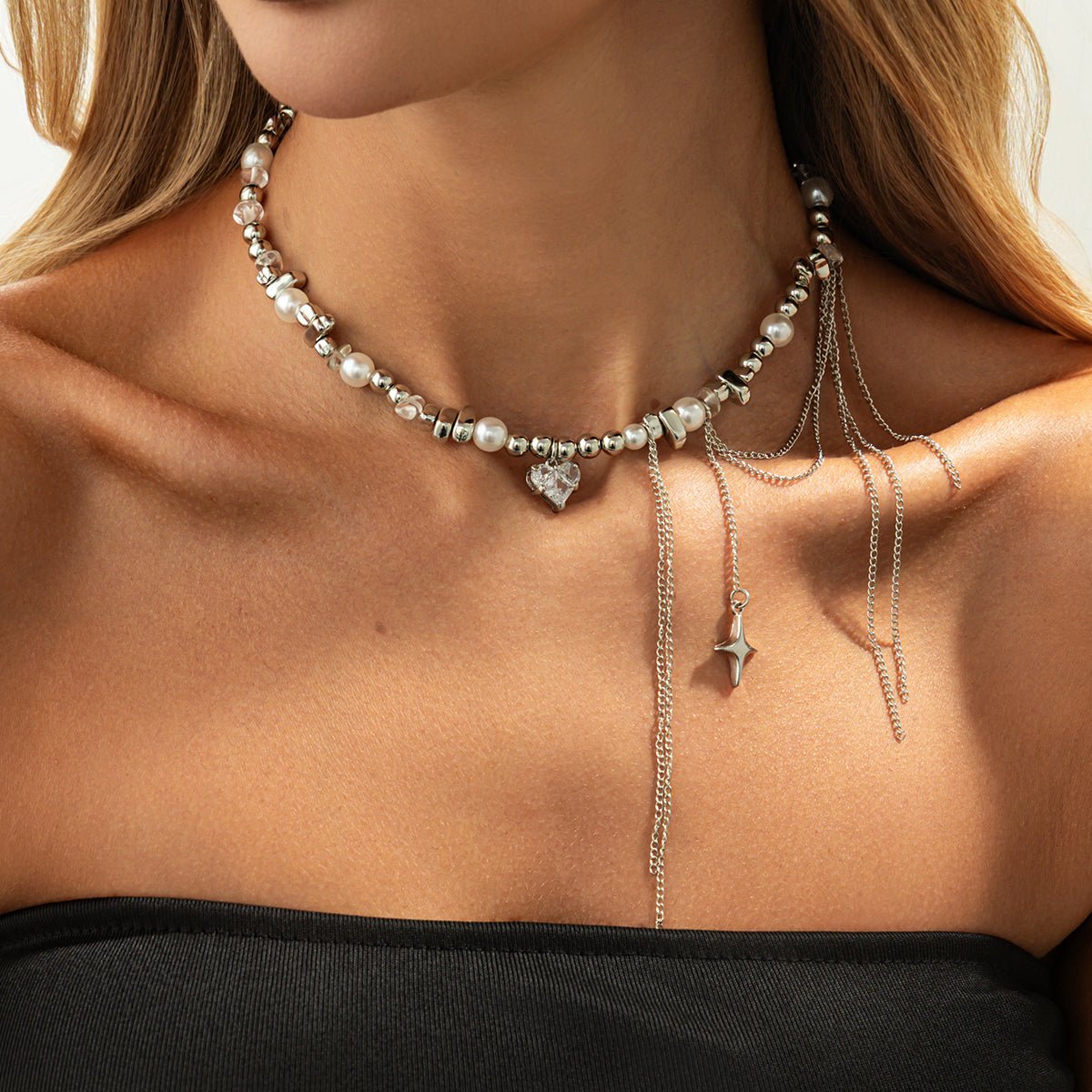 Chic Rhinestone Heart Pendant Pearl Irregular Beaded Chain Tassel Choker Necklace - ArtGalleryZen