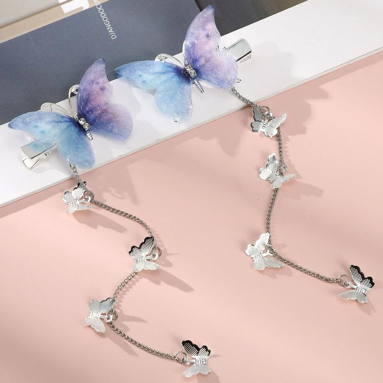 Chic Rhinestone Inlaid Gradient Butterfly Tassel Chain Hair Clip - ArtGalleryZen
