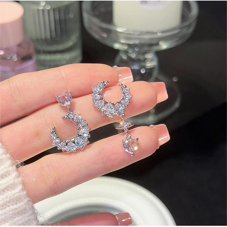 Chic Rhinestone Inlaid Moon Phase Star Heart Dangle Earrings - ArtGalleryZen