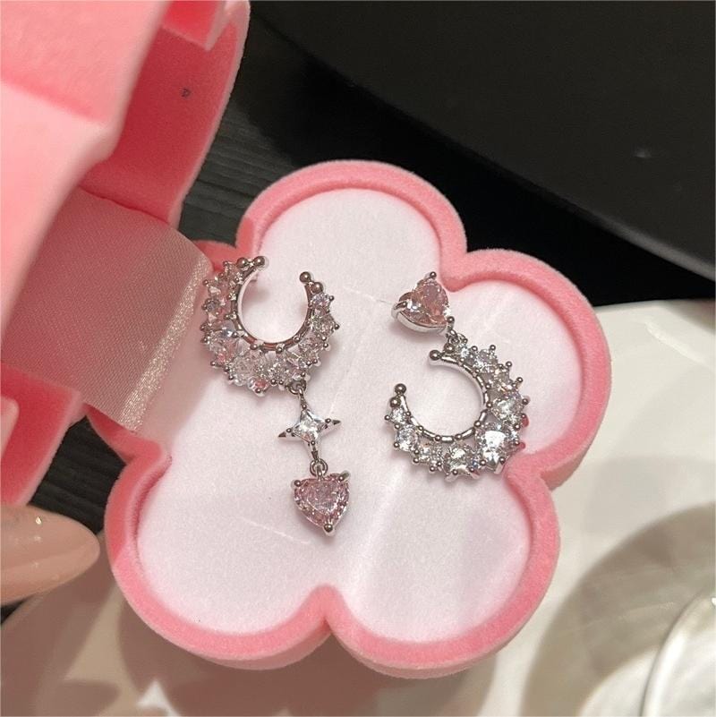 Chic Rhinestone Inlaid Moon Phase Star Heart Dangle Earrings - ArtGalleryZen