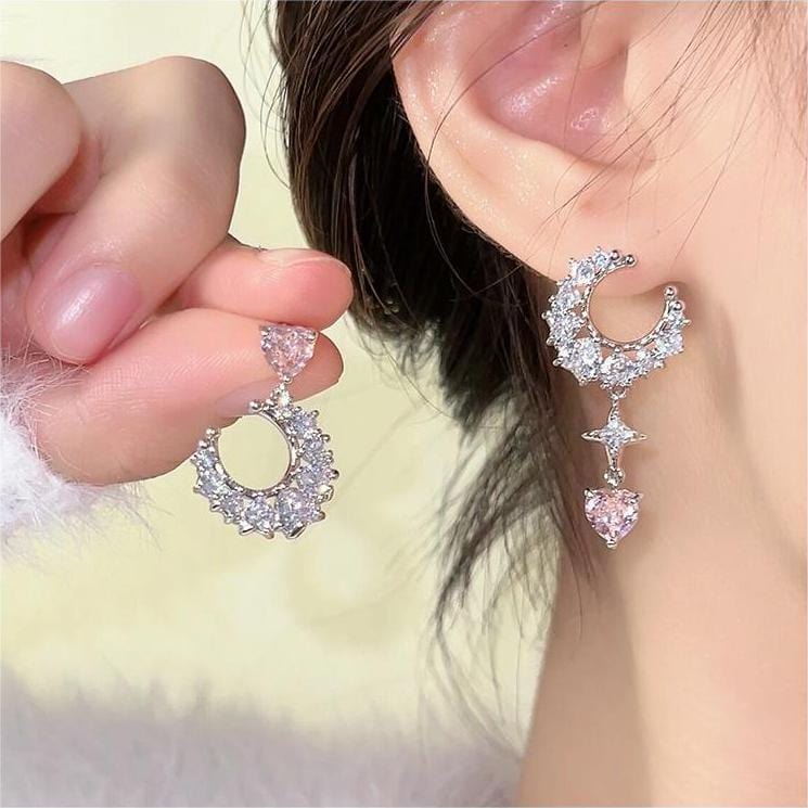 Chic Rhinestone Inlaid Moon Phase Star Heart Dangle Earrings - ArtGalleryZen