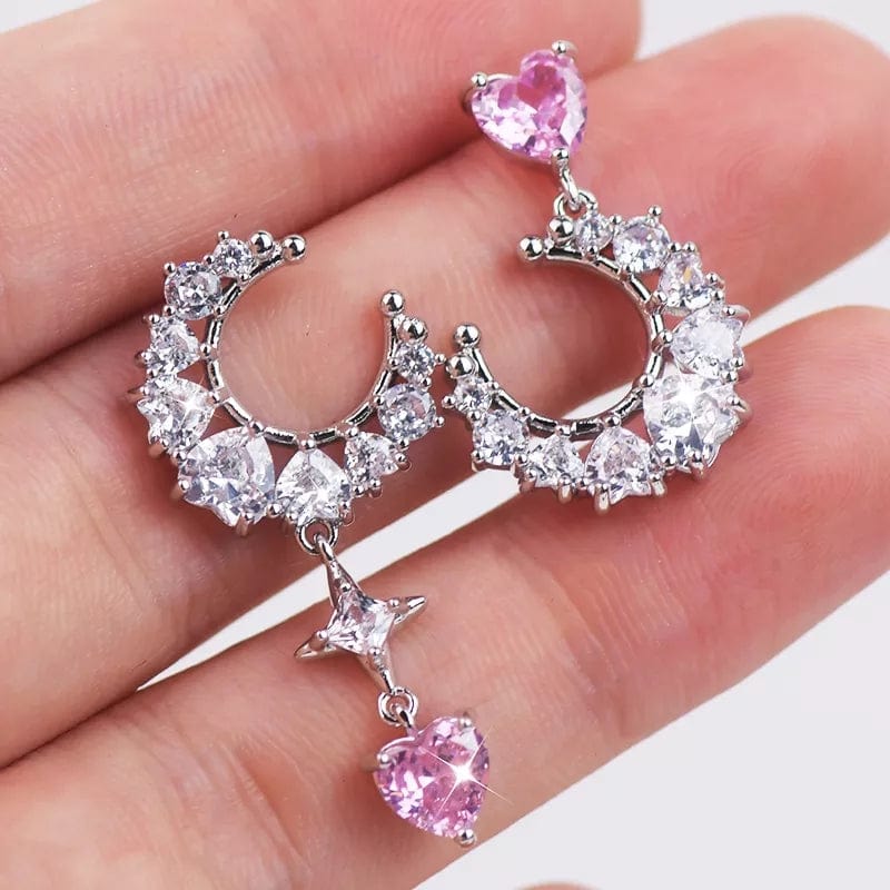 Chic Rhinestone Inlaid Moon Phase Star Heart Dangle Earrings - ArtGalleryZen