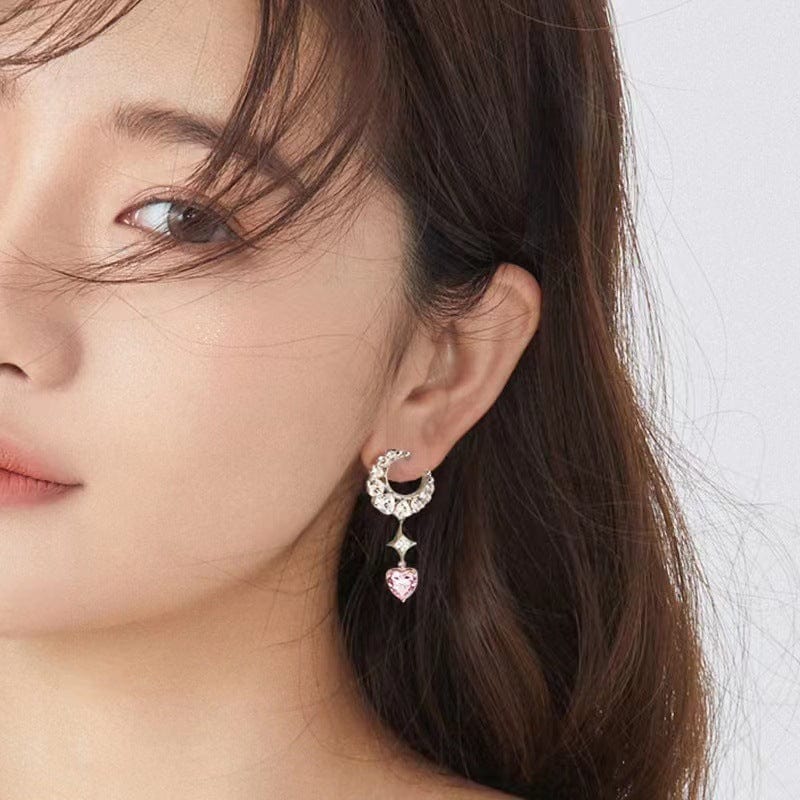 Chic Rhinestone Inlaid Moon Phase Star Heart Dangle Earrings - ArtGalleryZen