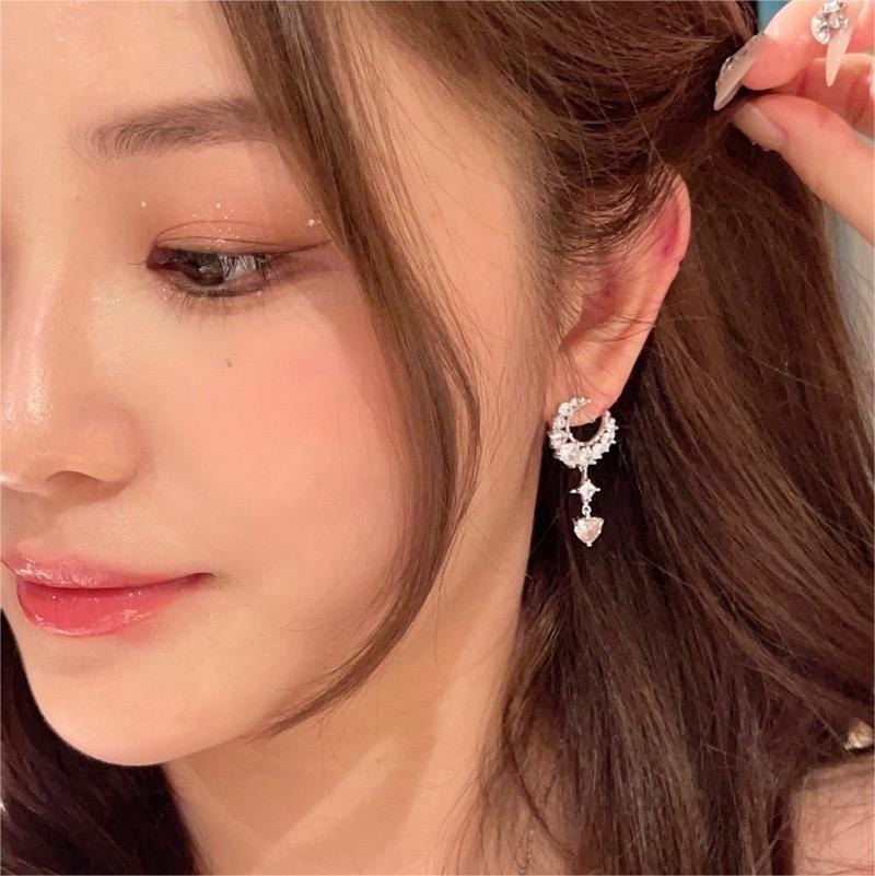 Chic Rhinestone Inlaid Moon Phase Star Heart Dangle Earrings - ArtGalleryZen