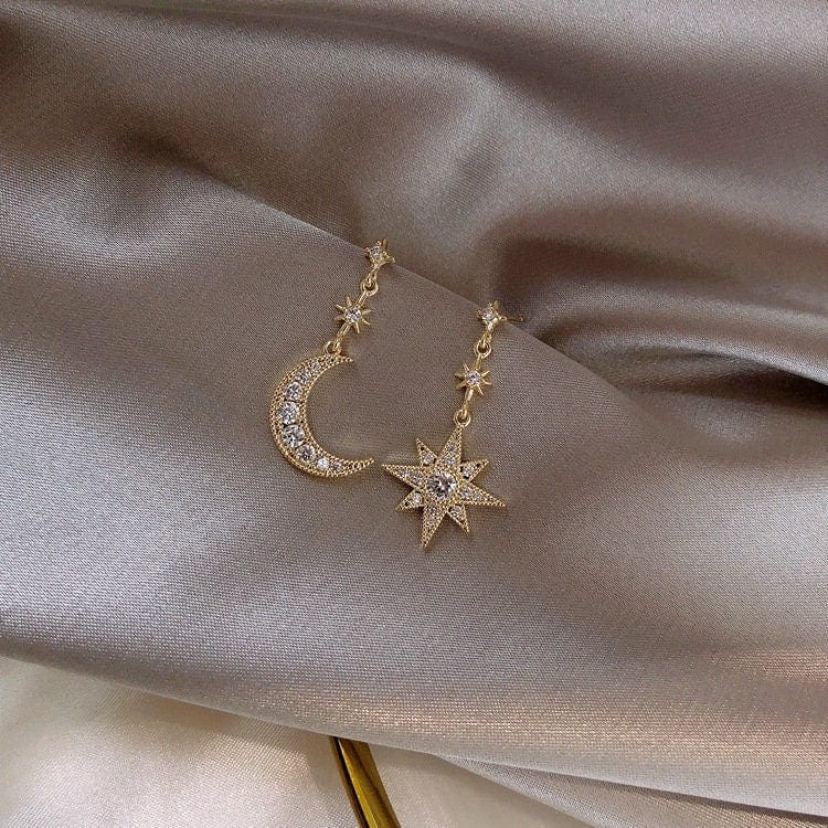 Chic Rhinestone Inlaid Moon Star Dangle Earrings - ArtGalleryZen