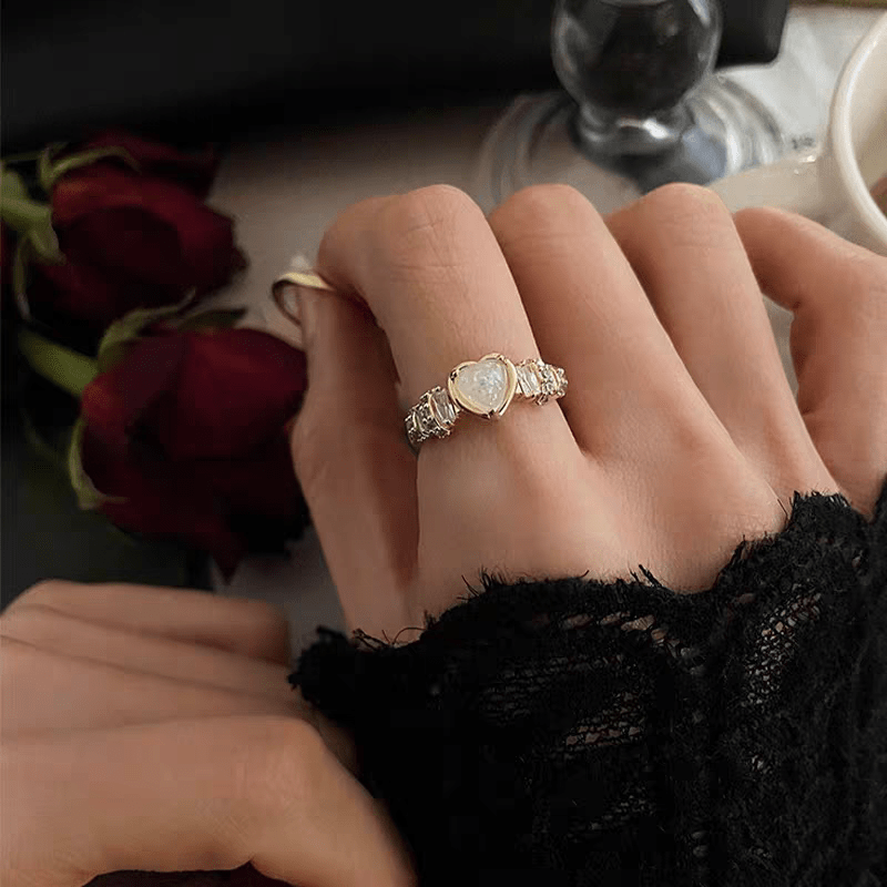 Chic Rhinestone Inlaid Opal Heart Ring - ArtGalleryZen