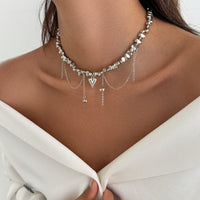 Thumbnail for Chic Silver Tone Heart Chain Tassel Irregular Beaded Choker Necklace - ArtGalleryZen