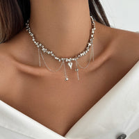 Thumbnail for Chic Silver Tone Heart Chain Tassel Irregular Beaded Choker Necklace - ArtGalleryZen