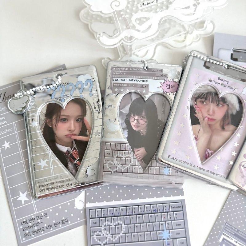 Chic Silver Tone Heart Star Mirror Kpop Keychain Photocard Holder - ArtGalleryZen