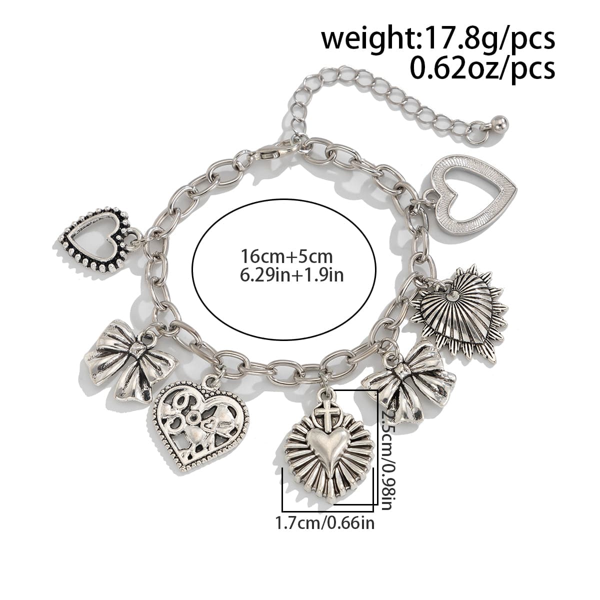 Chic Silver Tone Pattern Heart Bowknot Pendant Bracelet - ArtGalleryZen