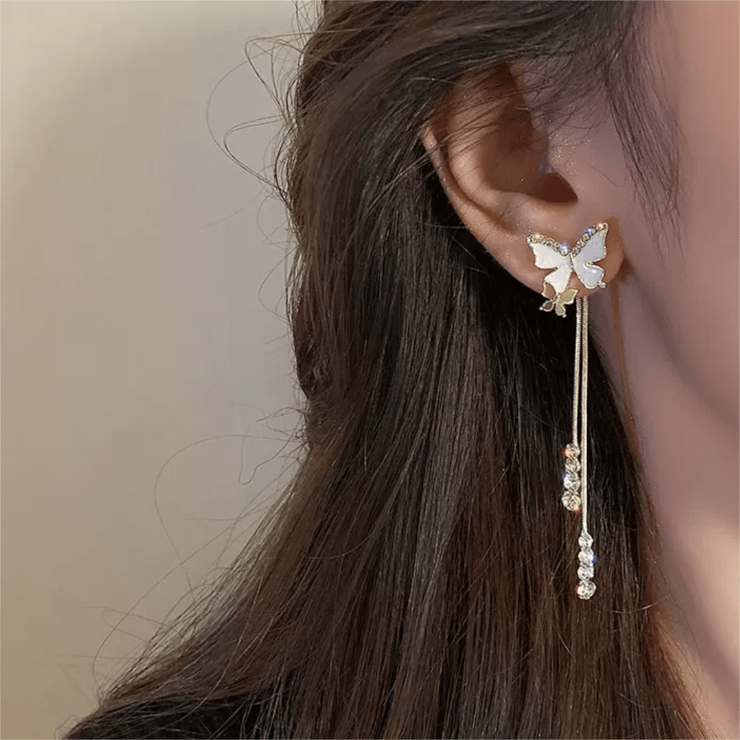 Chic Sparkling CZ Inlaid Enamel Butterfly Rhinestone Tassel Earrings - ArtGalleryZen
