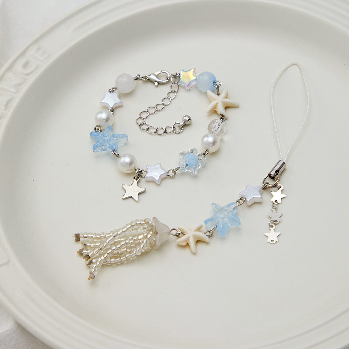 Chic Star Charm Pearl Crystal Beaded Bracelet Keychain Phone Strap Set - ArtGalleryZen