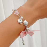 Thumbnail for Chic Strawberry Heart Charm Bowknot Pearl Chain Bracelet - ArtGalleryZen