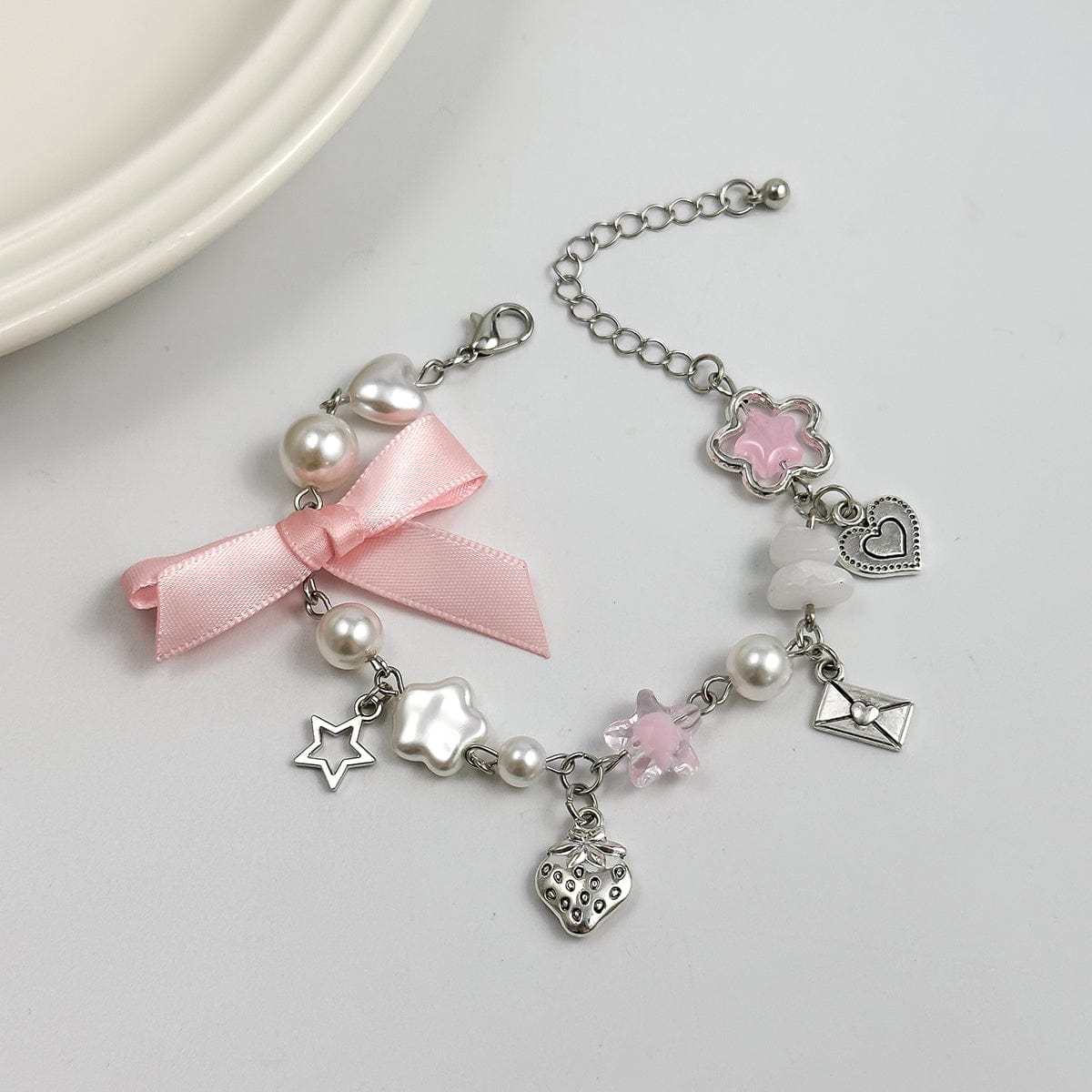 Chic Strawberry Heart Charm Bowknot Pearl Chain Bracelet - ArtGalleryZen