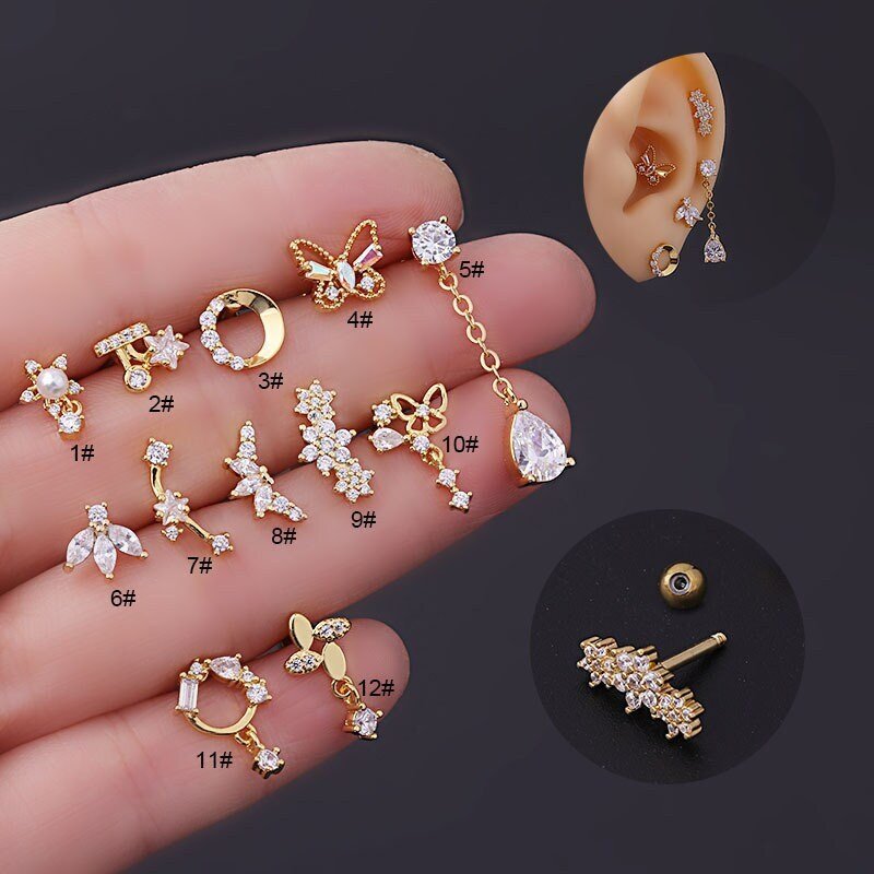 Chic Surgical Steel Rhinestone Inlaid Helix Piercing Stud - ArtGalleryZen