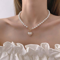 Thumbnail for Chic Toggle Clasp Heart Pendant Pearl Chain Choker Necklace - ArtGalleryZen