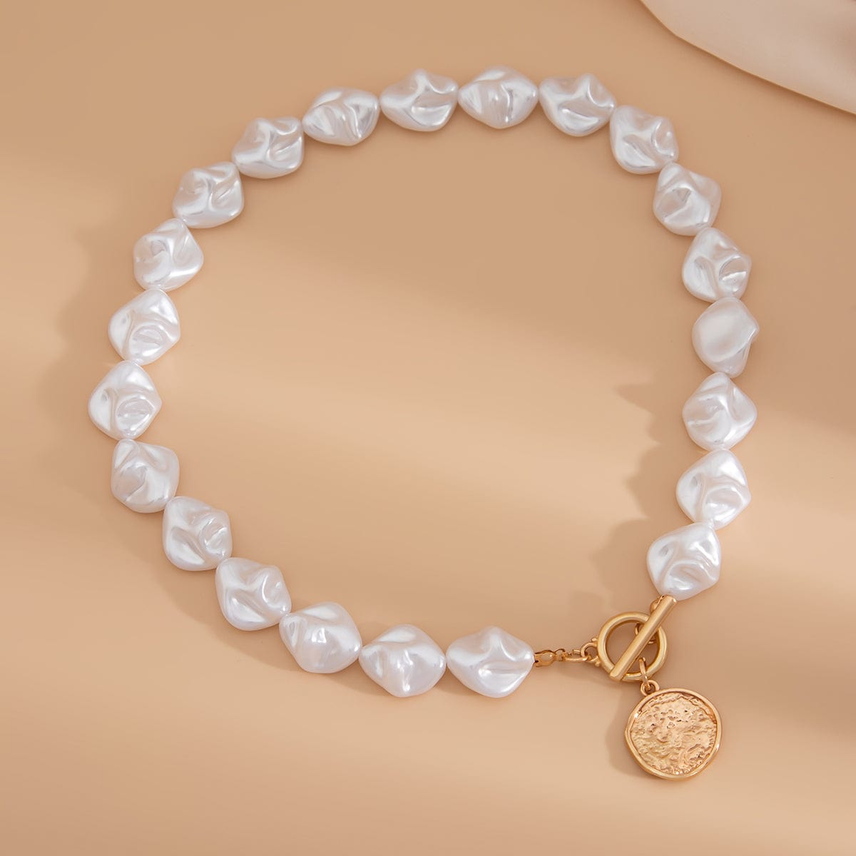 Chic Toggle Clasp Textured Round Disk Pendant Irregular Pearl Chain Necklace Bracelet - ArtGalleryZen