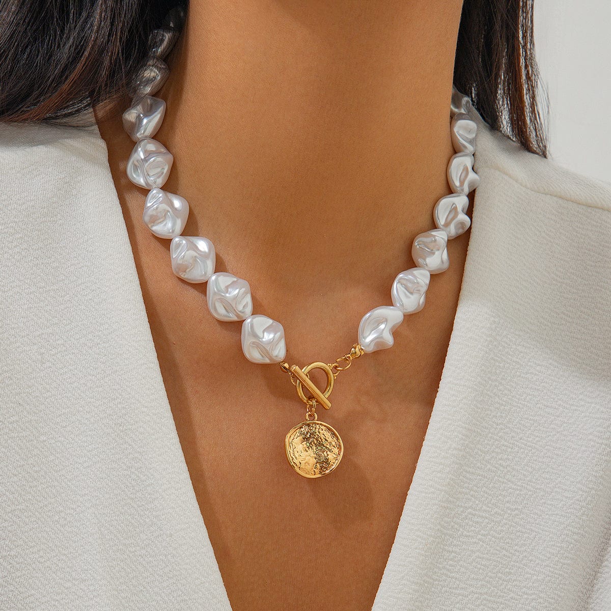 Chic Toggle Clasp Textured Round Disk Pendant Irregular Pearl Chain Necklace Bracelet - ArtGalleryZen
