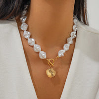 Thumbnail for Chic Toggle Clasp Textured Round Disk Pendant Irregular Pearl Chain Necklace Bracelet - ArtGalleryZen
