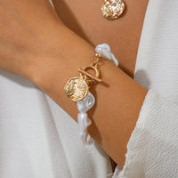 Thumbnail for Chic Toggle Clasp Textured Round Disk Pendant Irregular Pearl Chain Necklace Bracelet - ArtGalleryZen