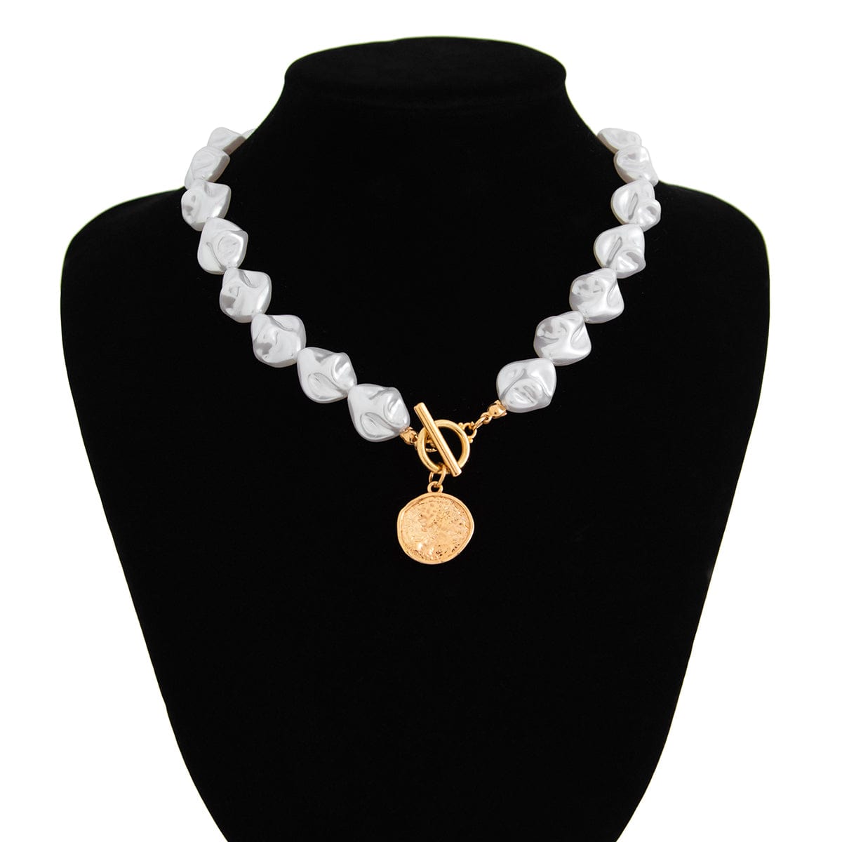 Chic Toggle Clasp Textured Round Disk Pendant Irregular Pearl Chain Necklace Bracelet - ArtGalleryZen